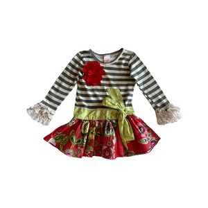 Giggle Moon Stripped Long sleeve Lace Trim With Red Floral Design Size 4T